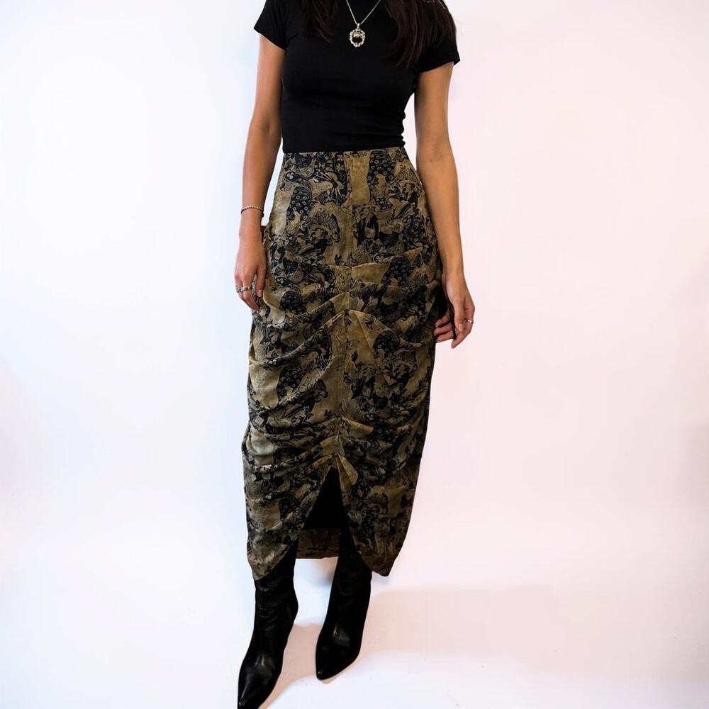 Basia Asian Toile Mesh Ruched Midi Skirt High Waist XS S